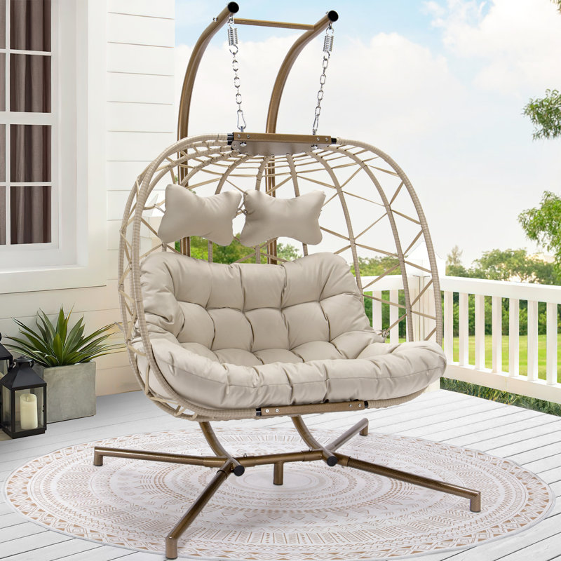 Celyne 2 Person Outdoor Indoor Porch Swings Egg Chair with Stand Dakota Fields Color Beige Light Grey